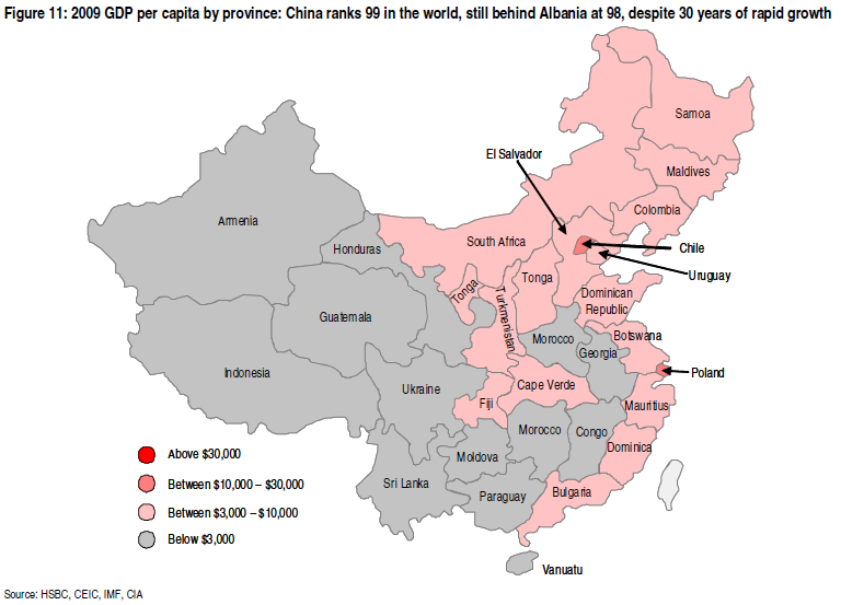 Chiński PKB per capita w 2009 roku w rozbiciu na prowincje