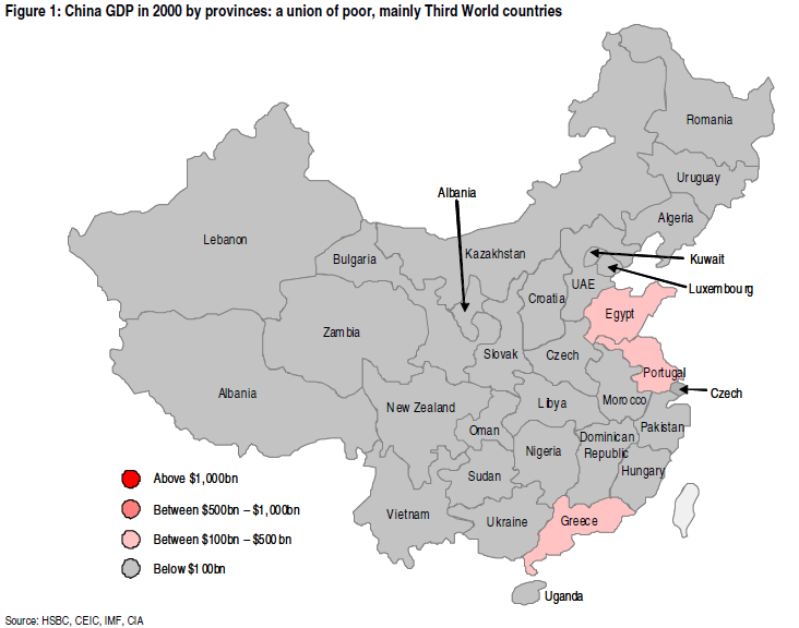 Chiński PKB w 2000 roku w rozbiciu na prowincje