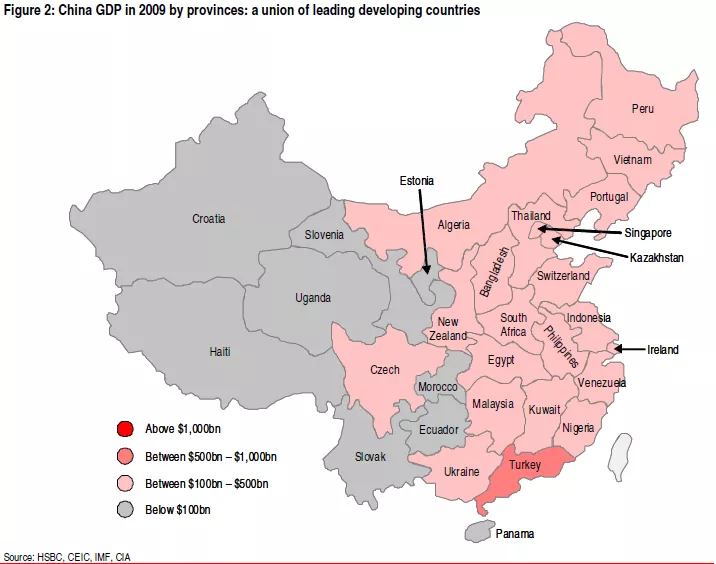 Chiński PKB w 2009 roku w rozbiciu na prowincje